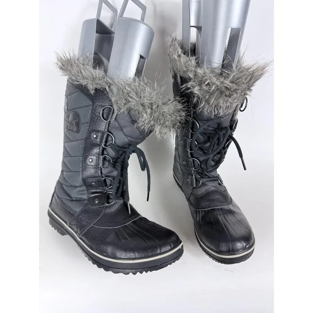 Sorel Tofino II Snow Boots Women's 9 Black Gray Faux Fur Trim Waterproof Lace-Up